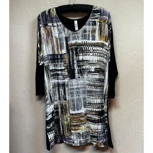 Deca Paris Women's Shift Dress Small V-Neck Etch Print Multicolor 3/4 Sleeve